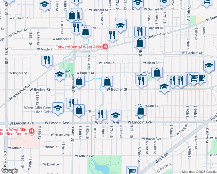 map of restaurants, bars, coffee shops, grocery stores, and more near 7930 West Becher Street in West Allis