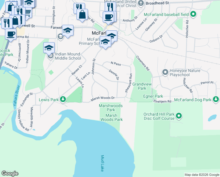 map of restaurants, bars, coffee shops, grocery stores, and more near 6321 Johnson Street in McFarland