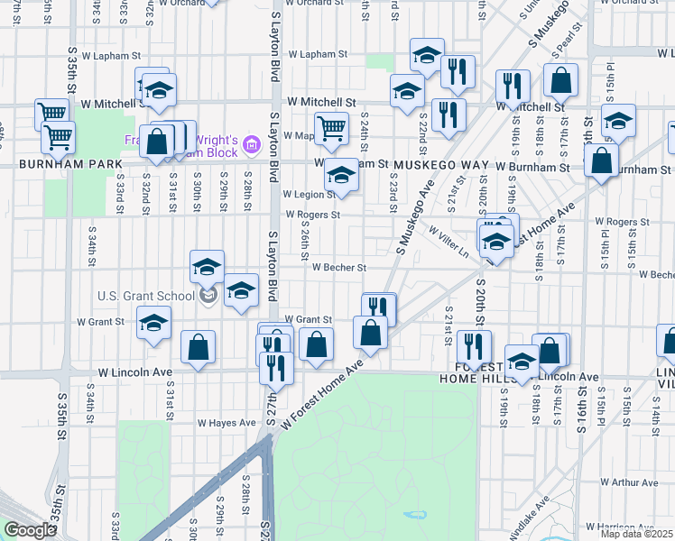 map of restaurants, bars, coffee shops, grocery stores, and more near 2108 S 25th St in Milwaukee