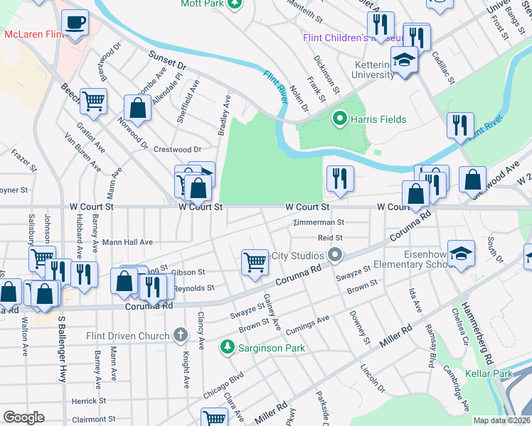 map of restaurants, bars, coffee shops, grocery stores, and more near 911 Farnum Avenue in Flint