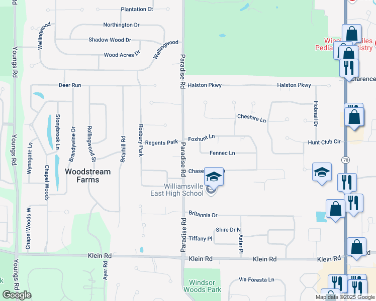 map of restaurants, bars, coffee shops, grocery stores, and more near 204 Paradise Road in East Amherst