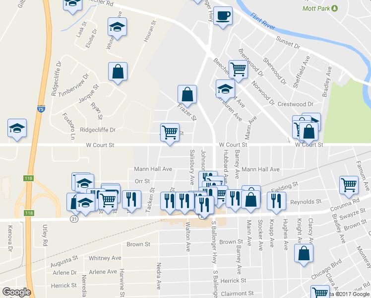 map of restaurants, bars, coffee shops, grocery stores, and more near 3813 West Court Street in Flint