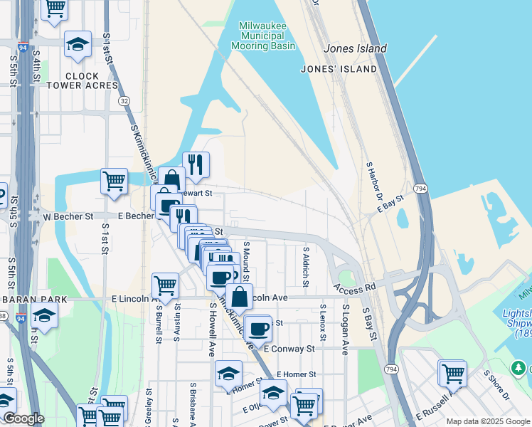 map of restaurants, bars, coffee shops, grocery stores, and more near 427 East Stewart Street in Milwaukee