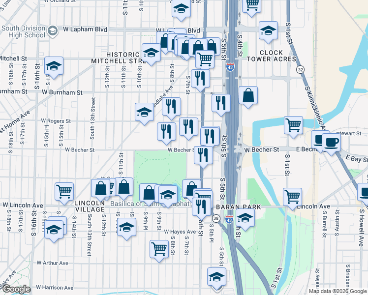 map of restaurants, bars, coffee shops, grocery stores, and more near 726 West Becher Street in Milwaukee