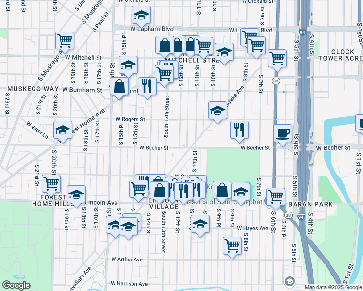 map of restaurants, bars, coffee shops, grocery stores, and more near 1136 West Becher Street in Milwaukee