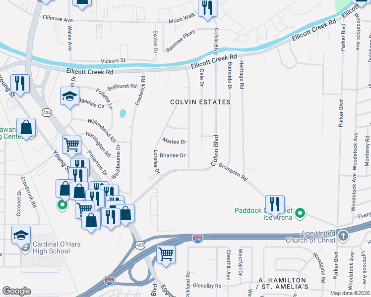 map of restaurants, bars, coffee shops, grocery stores, and more near 39 Greenfield Drive in Tonawanda