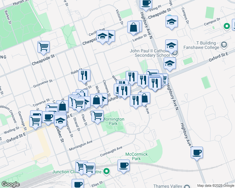 map of restaurants, bars, coffee shops, grocery stores, and more near 1148 Oxford Street East in London