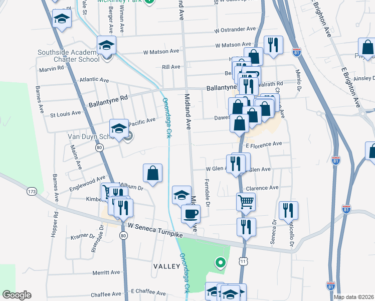 map of restaurants, bars, coffee shops, grocery stores, and more near 3412 Midland Avenue in Syracuse