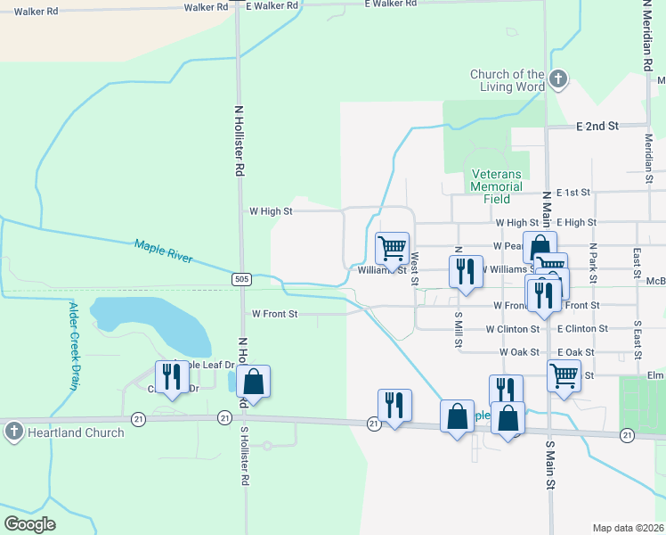 map of restaurants, bars, coffee shops, grocery stores, and more near 611 West Williams Street in Ovid