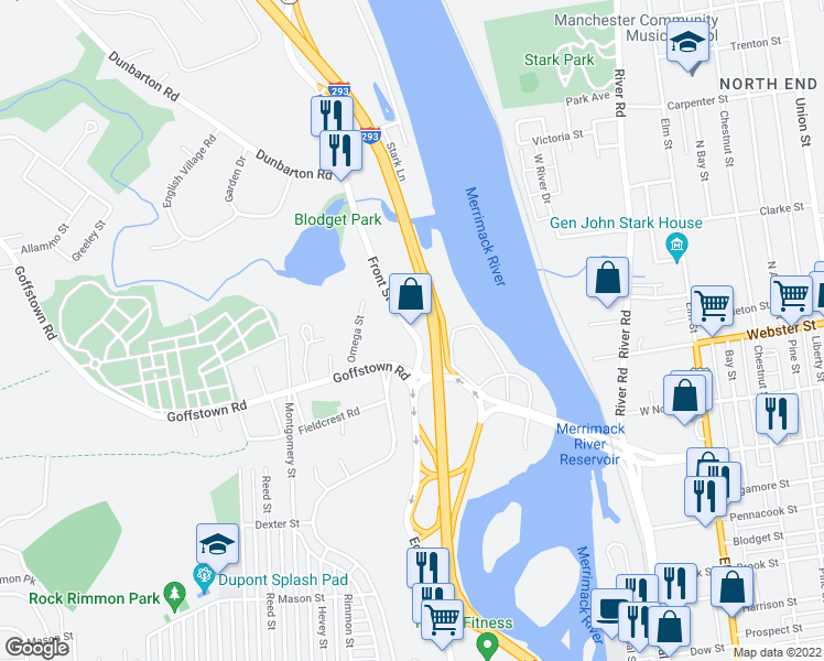 map of restaurants, bars, coffee shops, grocery stores, and more near 111 Front Street in Manchester