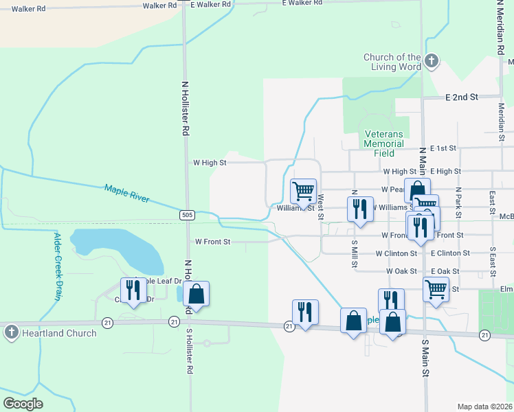 map of restaurants, bars, coffee shops, grocery stores, and more near 611 West Williams Street in Ovid