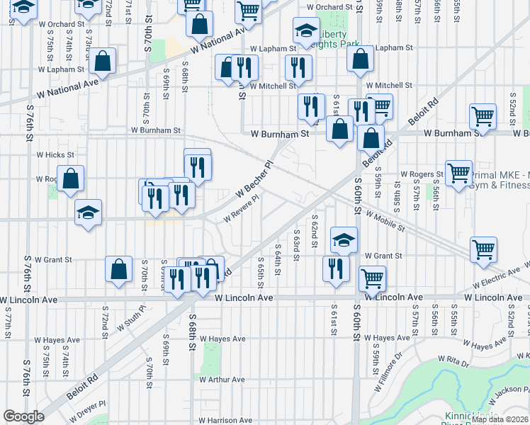 map of restaurants, bars, coffee shops, grocery stores, and more near 6424 West Oconto Place in West Allis