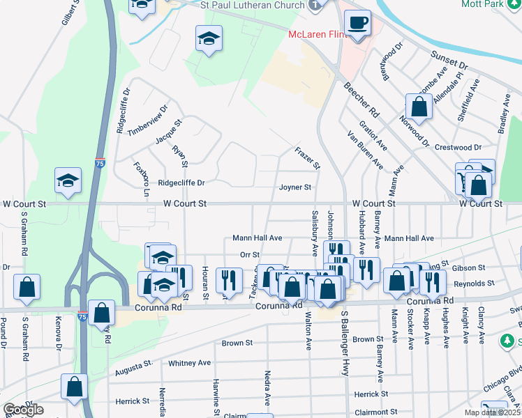 map of restaurants, bars, coffee shops, grocery stores, and more near 4007 West Court Street in Flint