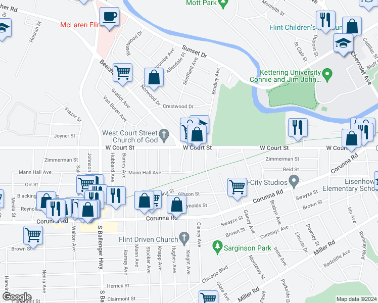 map of restaurants, bars, coffee shops, grocery stores, and more near 2809 West Court Street in Flint