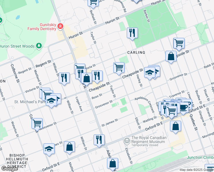 map of restaurants, bars, coffee shops, grocery stores, and more near 637 Cheapside Street in London