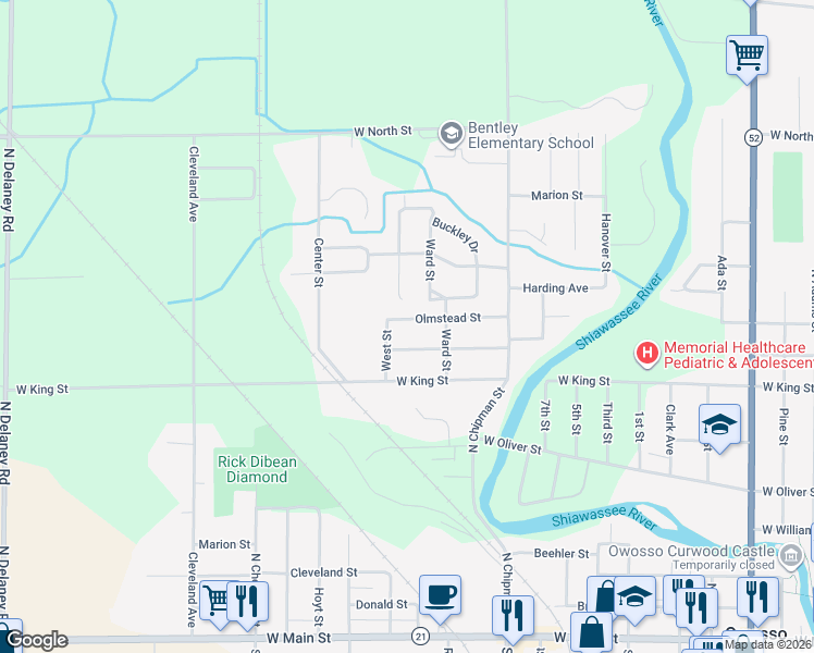 map of restaurants, bars, coffee shops, grocery stores, and more near 1427 Olmstead Street in Owosso