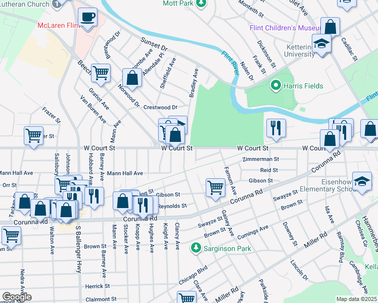 map of restaurants, bars, coffee shops, grocery stores, and more near 901 Bradley Avenue in Flint