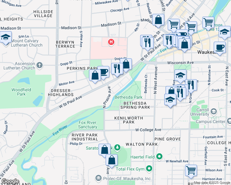 map of restaurants, bars, coffee shops, grocery stores, and more near 872-888 Riverwalk Dr in Waukesha