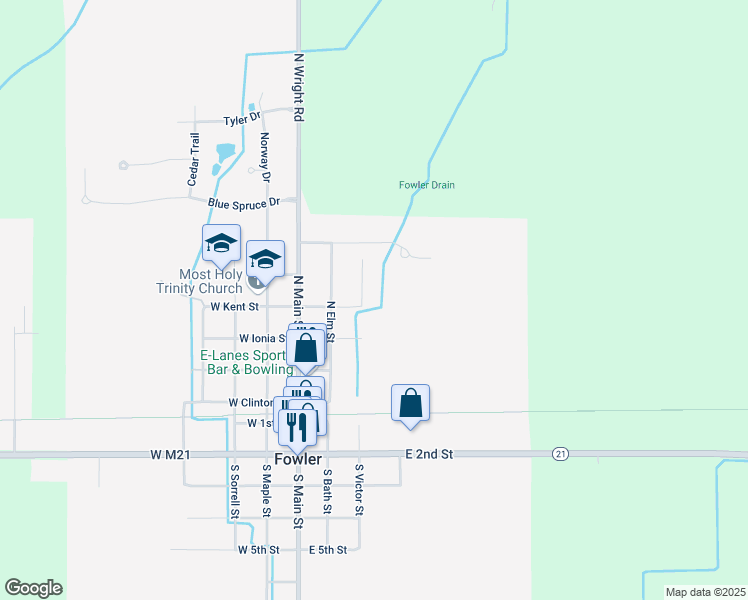 map of restaurants, bars, coffee shops, grocery stores, and more near 510 Walnut Street in Fowler