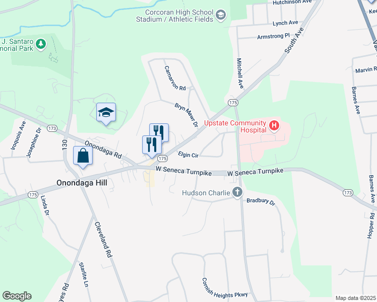map of restaurants, bars, coffee shops, grocery stores, and more near 4939 Elgin Circle in Syracuse
