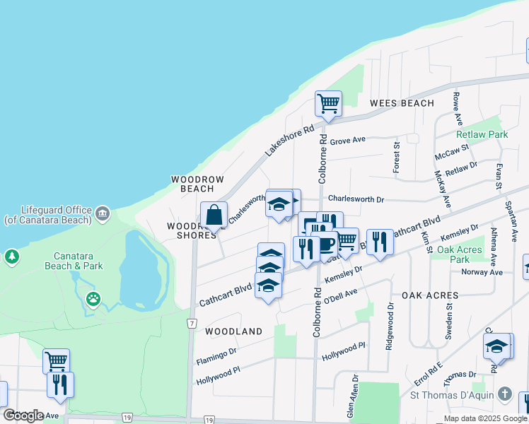 map of restaurants, bars, coffee shops, grocery stores, and more near 1427 Egmond Drive in Sarnia