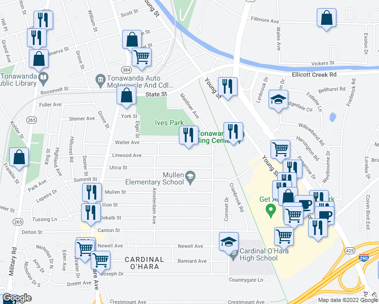 map of restaurants, bars, coffee shops, grocery stores, and more near 173 Linwood Avenue in Tonawanda