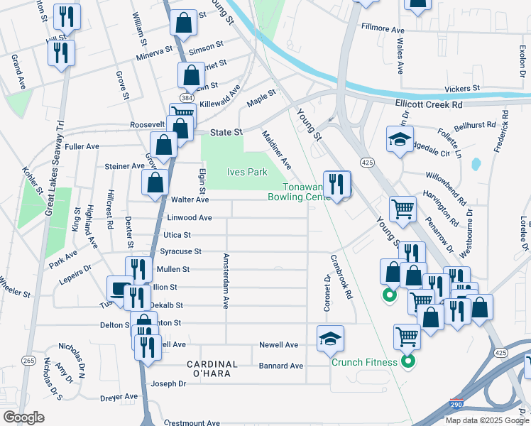 map of restaurants, bars, coffee shops, grocery stores, and more near 173 Linwood Avenue in Tonawanda
