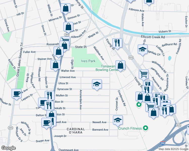 map of restaurants, bars, coffee shops, grocery stores, and more near 173 Linwood Avenue in Tonawanda