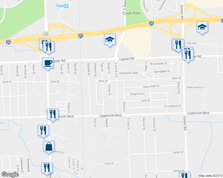 map of restaurants, bars, coffee shops, grocery stores, and more near 1934 South Averill Avenue in Flint