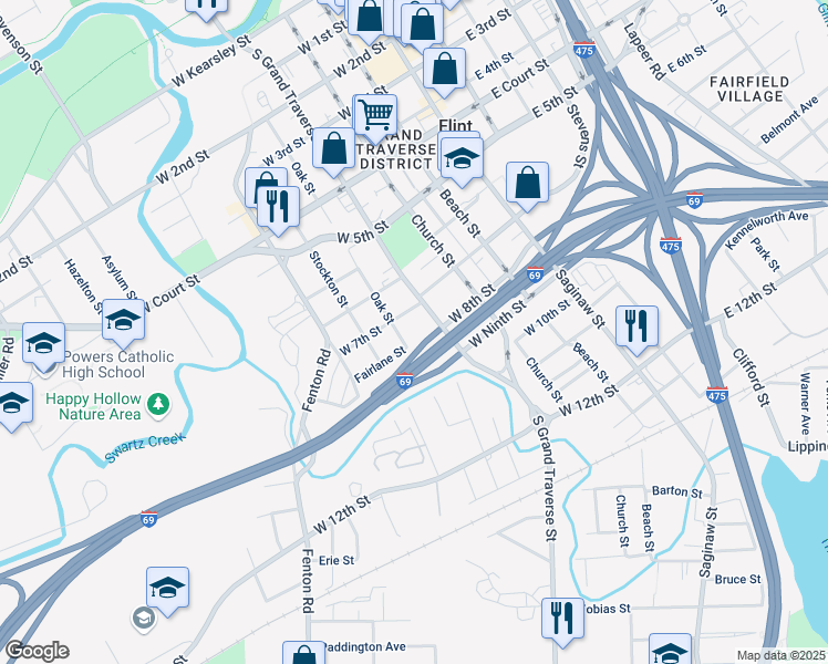 map of restaurants, bars, coffee shops, grocery stores, and more near 1219 Oak Street in Flint