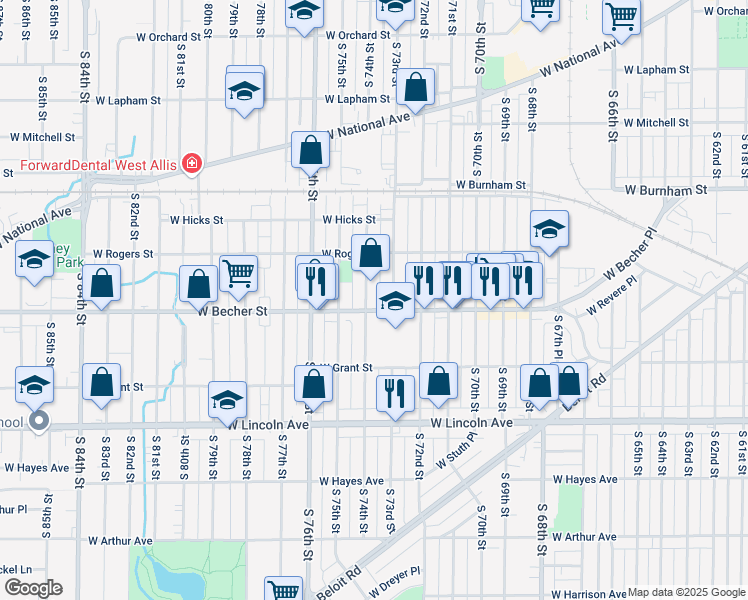 map of restaurants, bars, coffee shops, grocery stores, and more near 2076 South 74th Street in West Allis