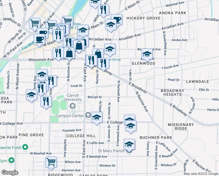 map of restaurants, bars, coffee shops, grocery stores, and more near 318 North Hartwell Avenue in Waukesha