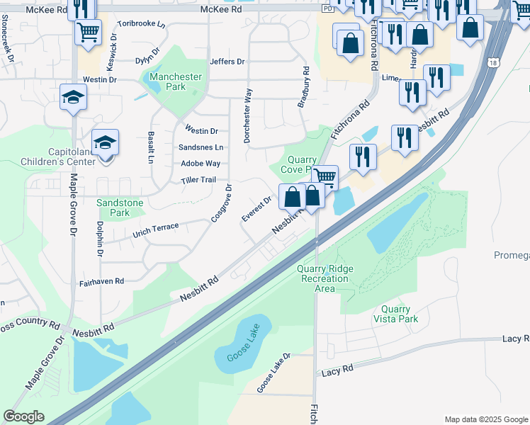 map of restaurants, bars, coffee shops, grocery stores, and more near 6368 Nesbitt Road in Madison