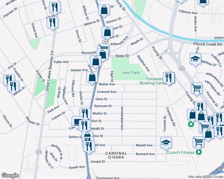 map of restaurants, bars, coffee shops, grocery stores, and more near 63 Linwood Avenue in Tonawanda