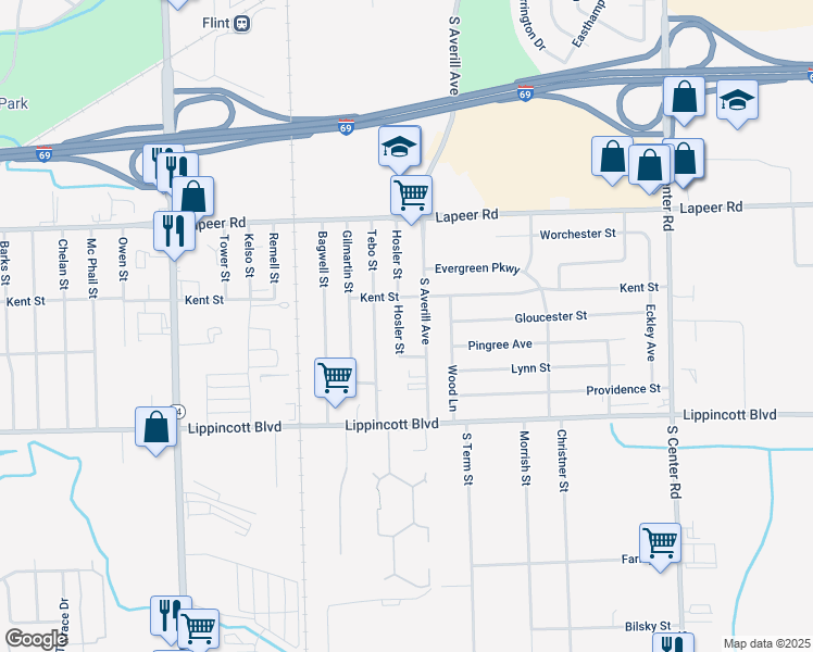 map of restaurants, bars, coffee shops, grocery stores, and more near 1934 South Averill Avenue in Flint