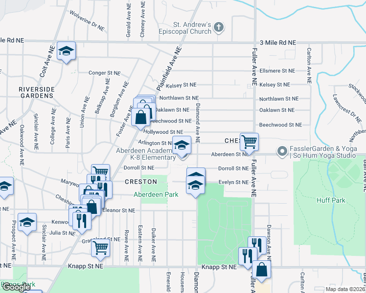 map of restaurants, bars, coffee shops, grocery stores, and more near 943 Aberdeen Street Northeast in Grand Rapids