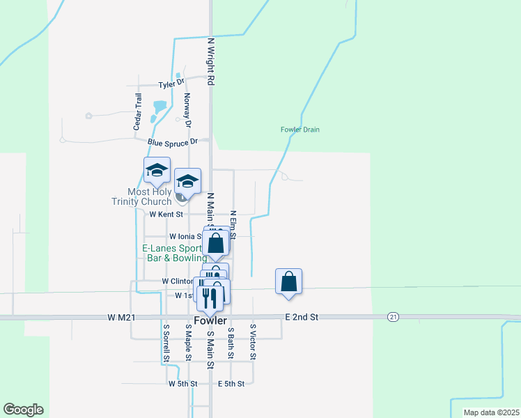 map of restaurants, bars, coffee shops, grocery stores, and more near 510 Walnut Street in Fowler