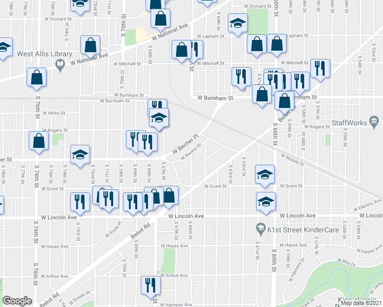 map of restaurants, bars, coffee shops, grocery stores, and more near S 66th St in West Allis