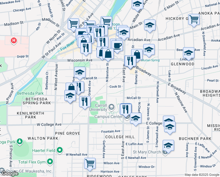 map of restaurants, bars, coffee shops, grocery stores, and more near 141 Cook Street in Waukesha