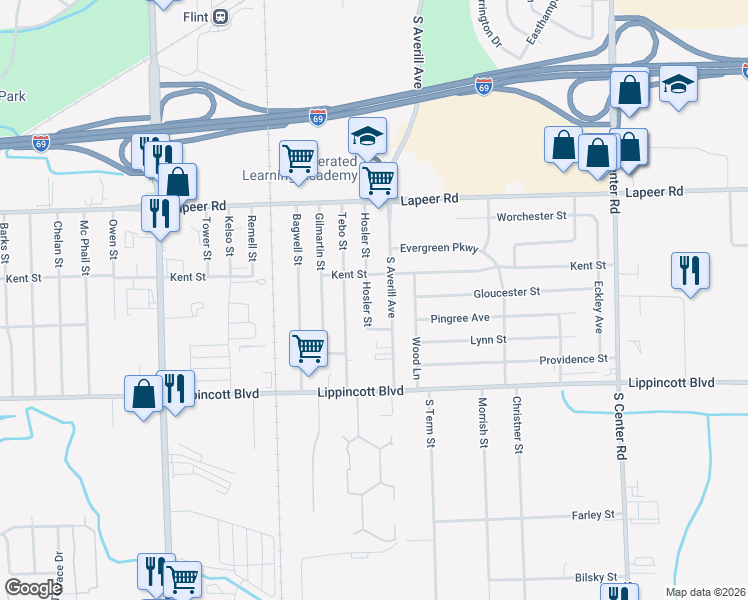 map of restaurants, bars, coffee shops, grocery stores, and more near 1925 Hosler Street in Flint