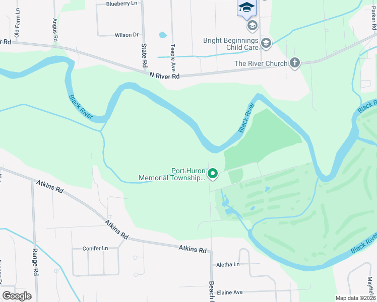 map of restaurants, bars, coffee shops, grocery stores, and more near 3345 Beach Road in Port Huron
