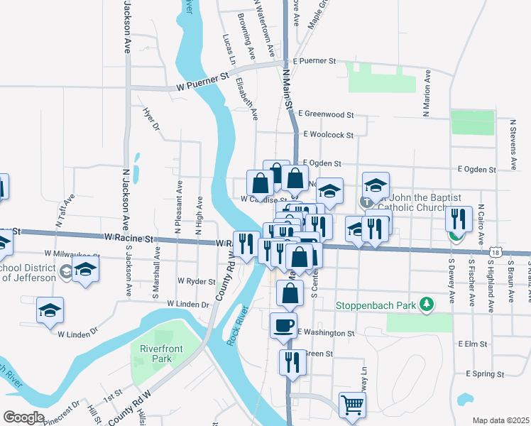 map of restaurants, bars, coffee shops, grocery stores, and more near 138 West Candise Street in Jefferson