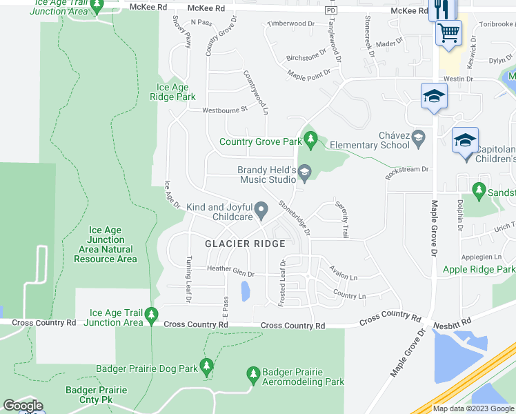 map of restaurants, bars, coffee shops, grocery stores, and more near 7 Sabertooth Lane in Madison