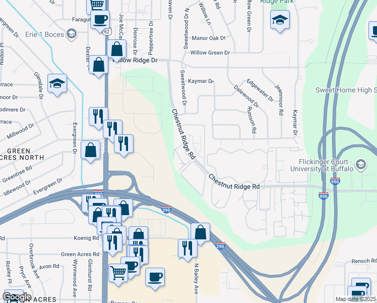 map of restaurants, bars, coffee shops, grocery stores, and more near 4315 Chestnut Ridge Road in Buffalo