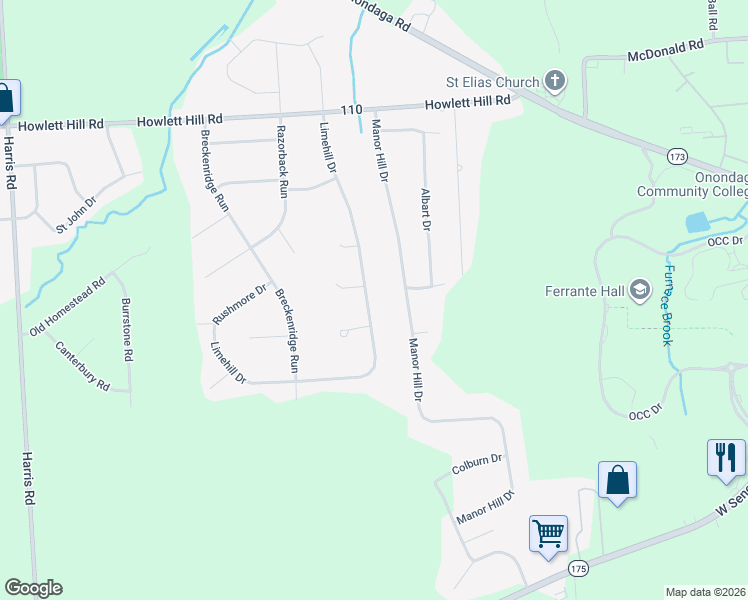 map of restaurants, bars, coffee shops, grocery stores, and more near 4858 Limehill Drive in Syracuse