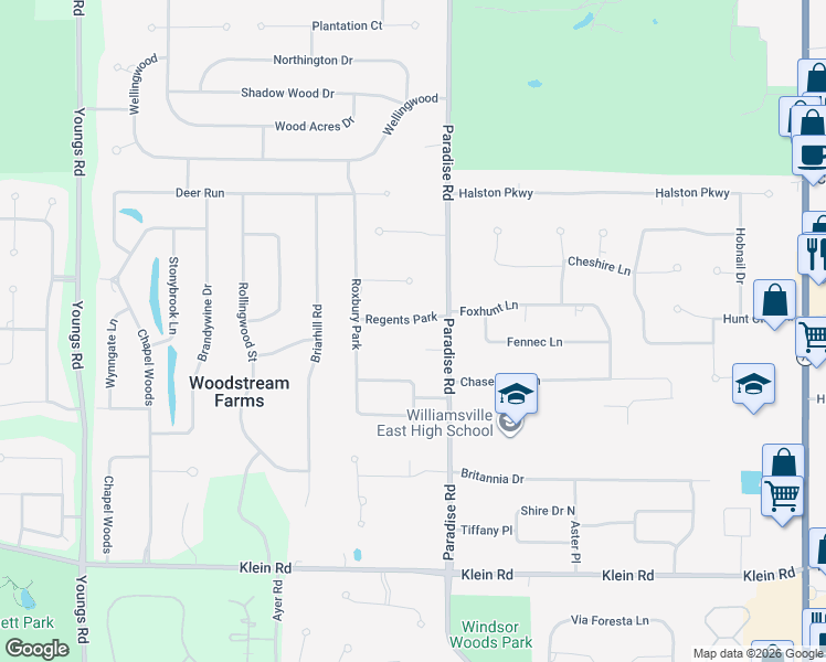 map of restaurants, bars, coffee shops, grocery stores, and more near 35 Regents Park in East Amherst