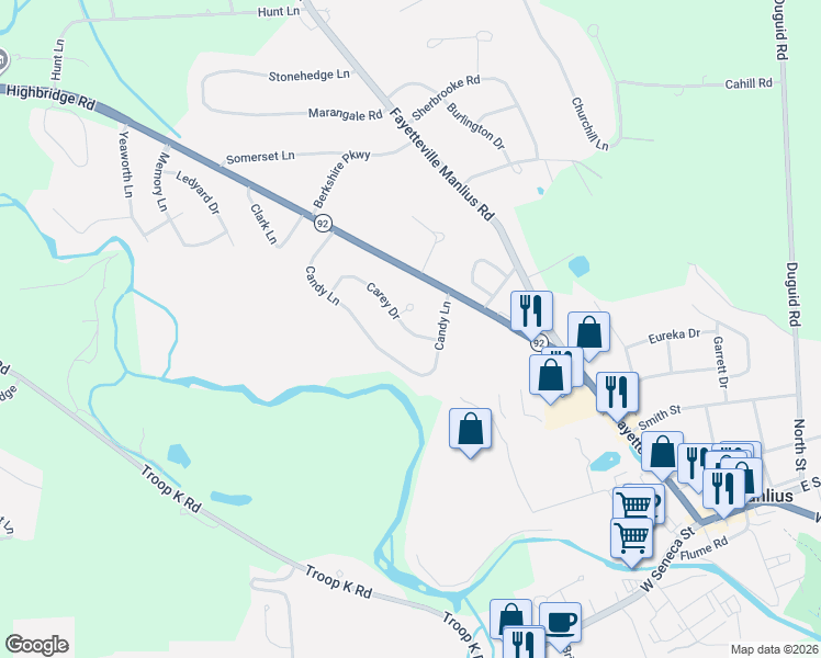 map of restaurants, bars, coffee shops, grocery stores, and more near 4854 Carey Drive in Manlius