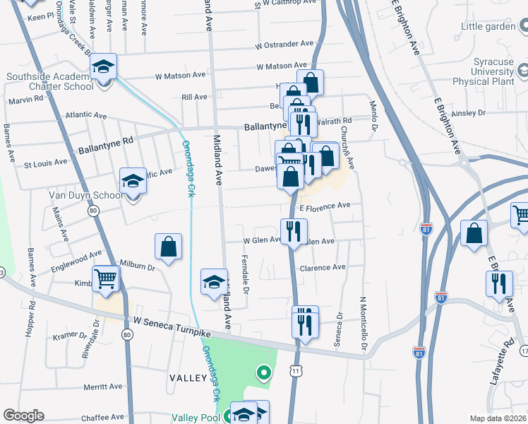 map of restaurants, bars, coffee shops, grocery stores, and more near 143 West Florence Avenue in Syracuse