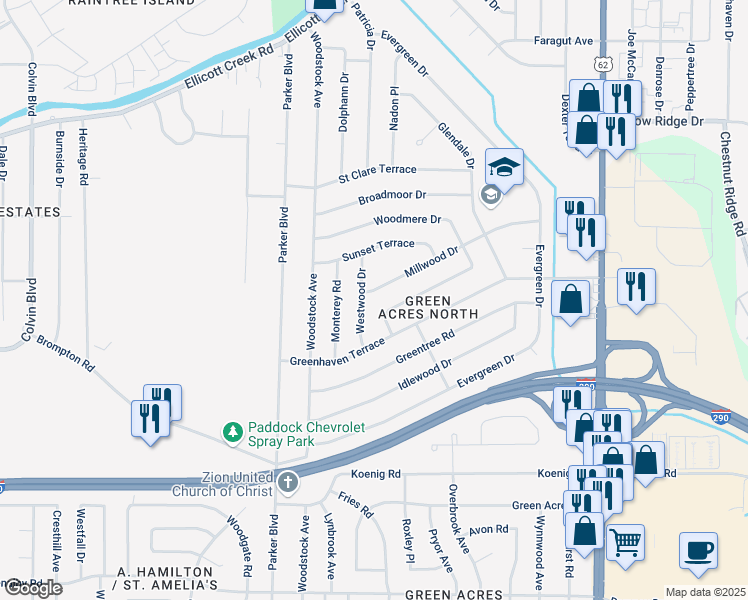 map of restaurants, bars, coffee shops, grocery stores, and more near 45 Westwood Drive in Tonawanda