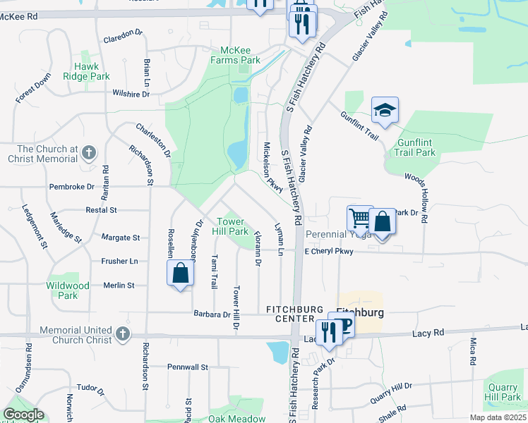 map of restaurants, bars, coffee shops, grocery stores, and more near 2799 Lyman Lane in Fitchburg